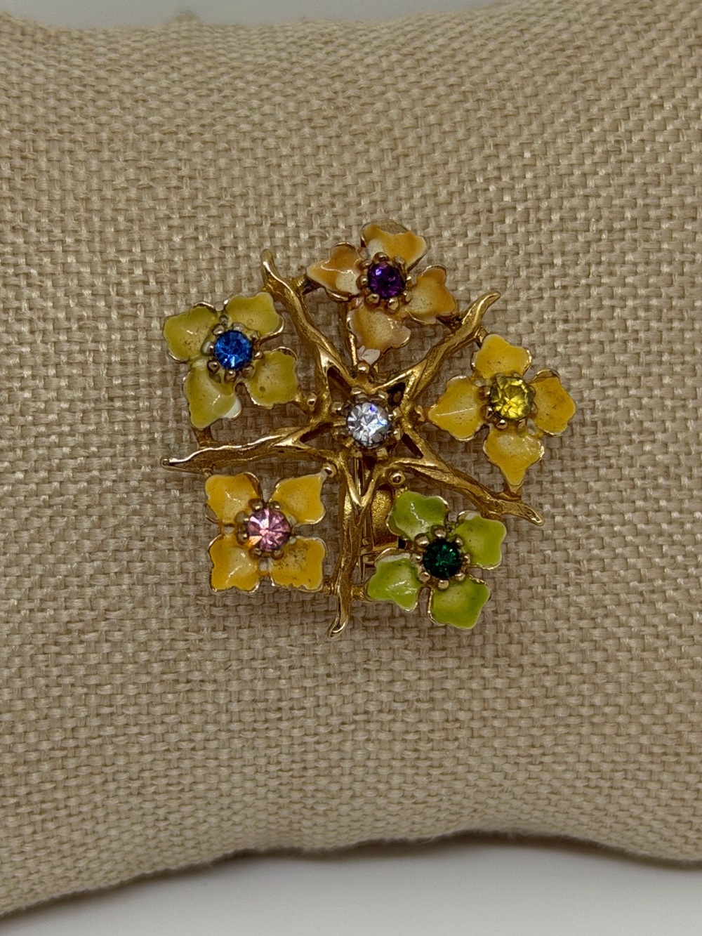 Vintage Floral Enamel Rhinestone Brooch Pin Multicolor Gold Tone Statement - Picture 4 of 7